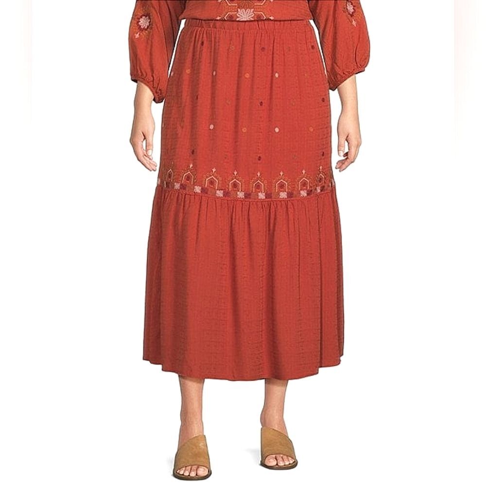 Nurture Tiered Maxi Skirt Womens Size 2X Orange Red Embroidered Boho Peasant